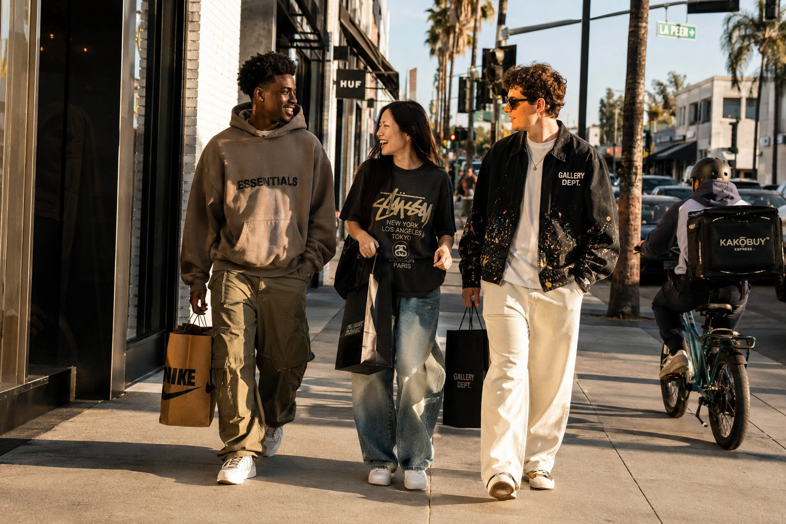 Three friends wearing streetwear outfits walking in Los Angeles, Essentials hoodie Stussy tee Gallery Dept jacket Three friends wearing streetwear outfits walking in Los Angeles, Essentials hoodie Stussy tee Gallery Dept jacket