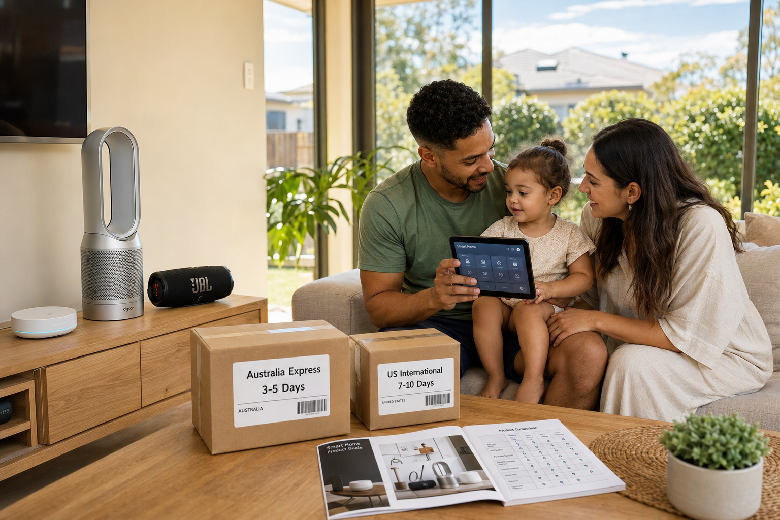 Family in living room with Dyson air purifier JBL speaker and smart home devices, Australia US shipping Family in living room with Dyson air purifier JBL speaker and smart home devices, Australia US shipping