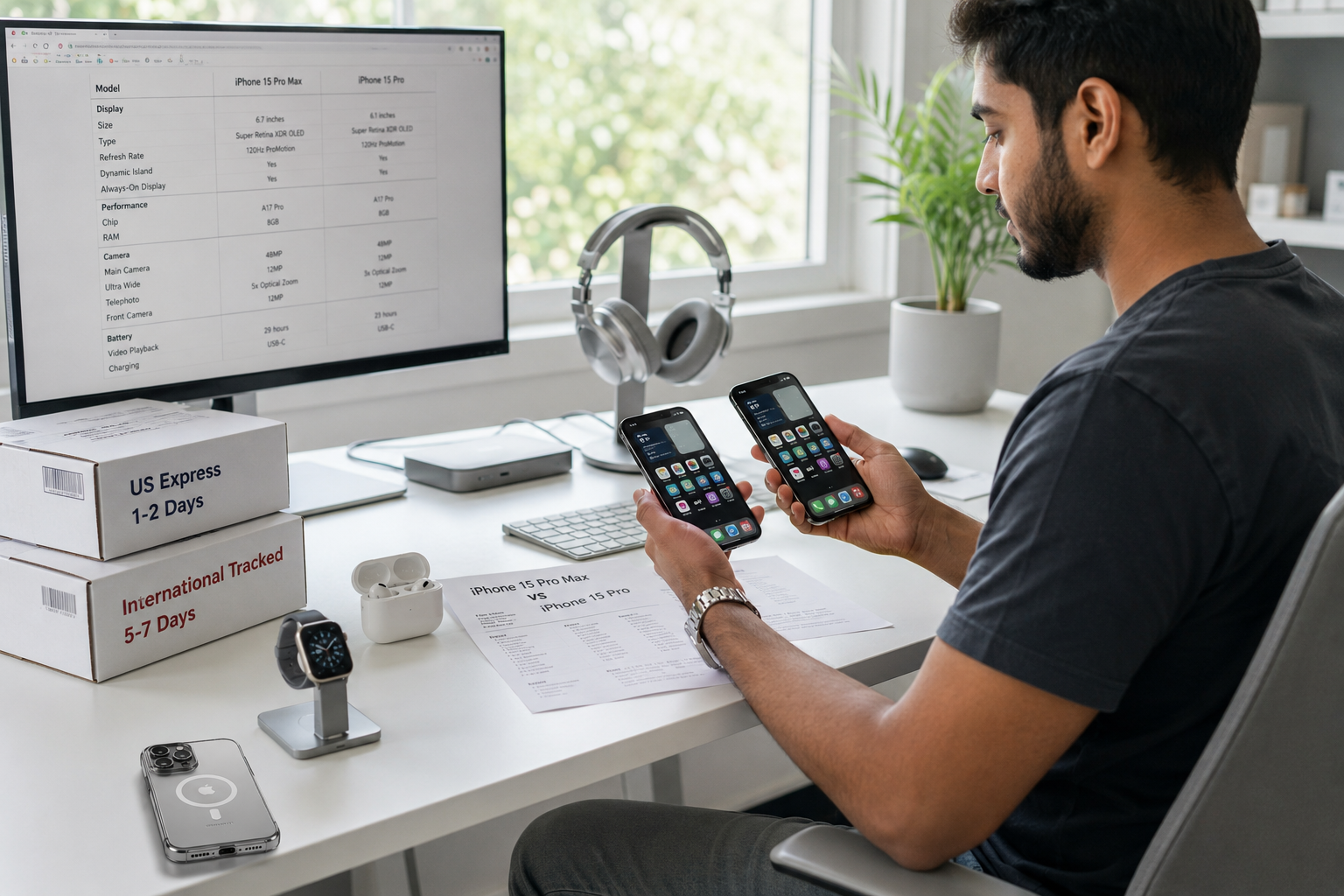 Tech workspace with iPhone Apple Watch AirPods and headphones, US express and international shipping boxes Tech workspace with iPhone Apple Watch AirPods and headphones, US express and international shipping boxes
